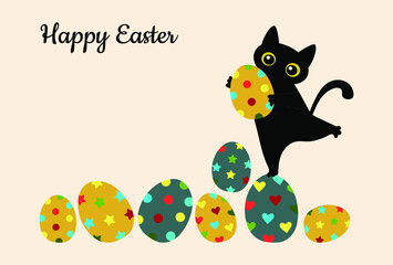 Greeting card with colored eggs in trending colors Happy Easter and black cute cat. For printing on decorative pillows, cups, kitchen textiles, clothing. Vector graphics.
