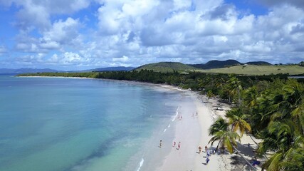 Aerial view of a white sand beach in Martinique