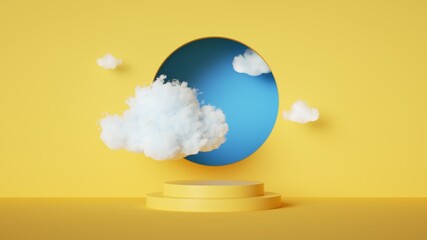 3d render, abstract sunny yellow background with white clouds and blue round hole. Simple geometric showcase scene with empty podium for product presentation - obrazy, fototapety, plakaty