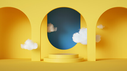 3d render, abstract yellow background with blue sky inside the window. White clouds fly inside the...