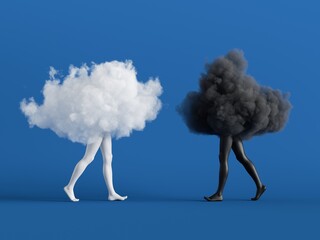 3d render. Couple of abstract white and black clouds with mannequin legs. Social role play....