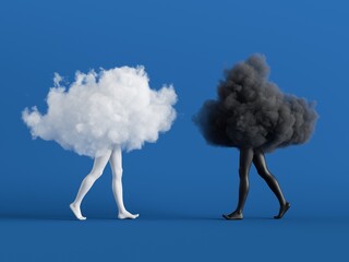 3d render. Couple of abstract white and black clouds with mannequin legs. Social role play. Partners interaction. Minimal surreal clip art isolated on blue background