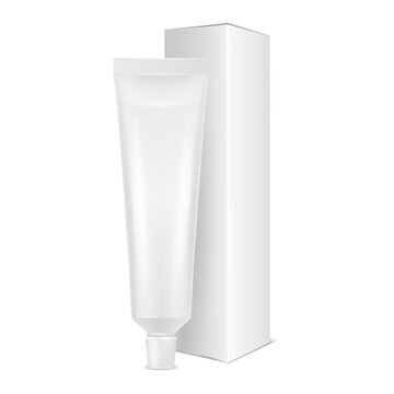 Vector 3d Realistic Plastic, Metal White Tooth Paste, Cream Tube, Carton Packing Isolated on White Background. Design Template of Toothpaste, Cosmetics, Cream, Tooth Paste for Mockup. Front View