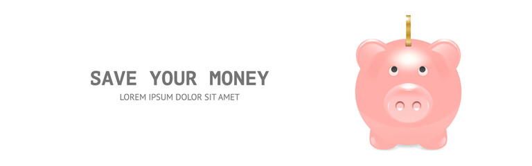 Vector Banner - Realistic 3d Pink Retro Piggy Bank with Golden Shiny Coin Closeup Isolated on White Background. Design Template, Money Pig for Graphics. Money, Financial, Savings Concept. Front View