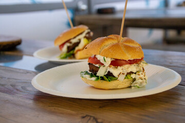 sandwich vegetarian burger with tomato, sauce, salad on paper plate, imbiss style
