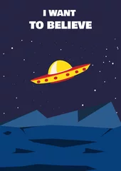 Fotobehang Mysterieuze ufo die door de nachtelijke hemel vliegt. Niet-geïdentificeerd buitenaards voertuig dat in de ruimte vliegt. Astronomie kunst afdrukken. Poster met ruimteontwerp. Vector illustratie. © Den VIII