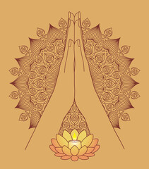 folded palms with burning lotus shaped candle on beige background