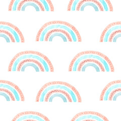 Seamless pattern with
abstract rainbow on white background, for kids,
watercolor illustration
