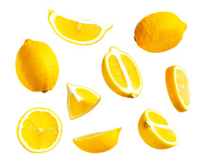 Collection of lemons isolated on white background. Juicy ripe lemon whole and sliced. Citrus, vitamin C, fruit, concept