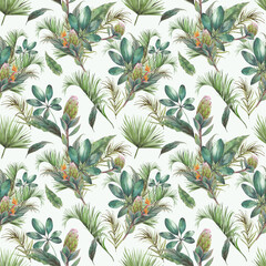 Watercolor exotic seamless pattern. Repeating texture with plants, tropical bouquet: palm tree branches, protea. Summer wallpaper design