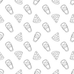 Pattern of glasses with juice and watermelon slices. Drawn by hand in Doodle style. Vector EPS 10