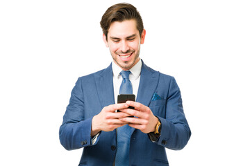 Business man looking at the screen of his smartphone