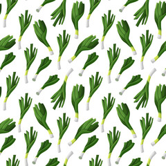 Fototapeta na wymiar Seamless pattern with green leeks. Vector illustration isolated on white background. Cute repeating pattern for packaging design, textiles, menu design.