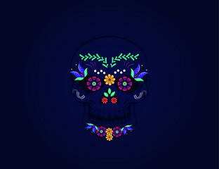 Day of the dead sugar skull with a floral pattern on a dark blue background.