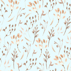 Watercolor dru grass seamless pattern. Autumn fild background with plant and branches
