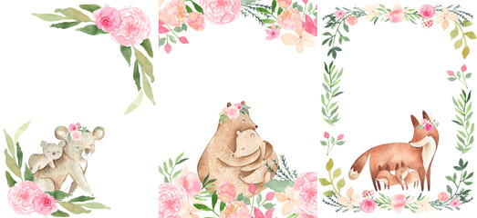 Obraz na płótnie Canvas Watercolor Animals Baby and Mom invitation frame floral templates