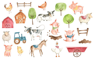 Watercolor animals Farm illustration pig cow chicken duck donkey 