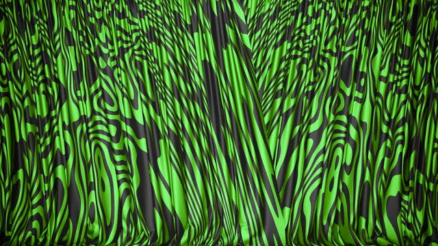 Realistic 3D animation of the green tiger pattern curtain rendered in UHD with alpha matte