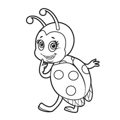 Flirtatious little ladybug looks over his shoulder while outline for coloring page isolated on white background