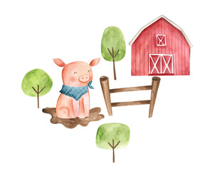 Watercolor animals Farm illustration pig and barn  © Bianca
