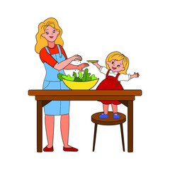 Mom and little daughter together make salad at the big table.Vector illustration isolated on white background