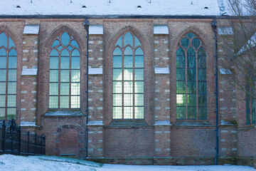 Gothic windows of the protestant church of 't Woudt in The Netherlands