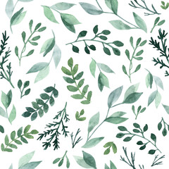 Watercolor leaves and foliage seamless pattern 