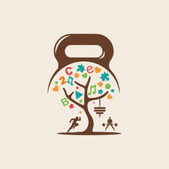 Play Therapy with dumbbell and fitness icon vector logo design.