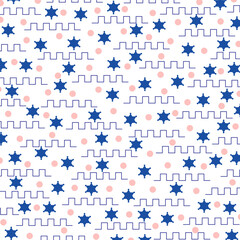 Seamless background with blue stars, pink circles and a blue wave line. Can be used for web, page, fabric textile and other users.