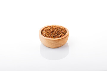 Ras el hanout moroccan spice. Ras el hanout in wooden bowl, on white background. Moroccan spice