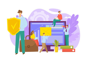 Crisis economy management for business company success concept, vector illustration. Businessman woman people character work with big computer