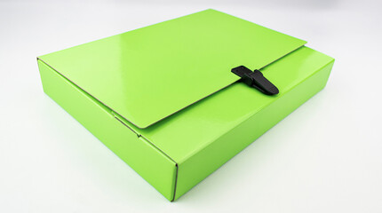 Cardboard folder with fluorescent green plastic lock for transporting documents