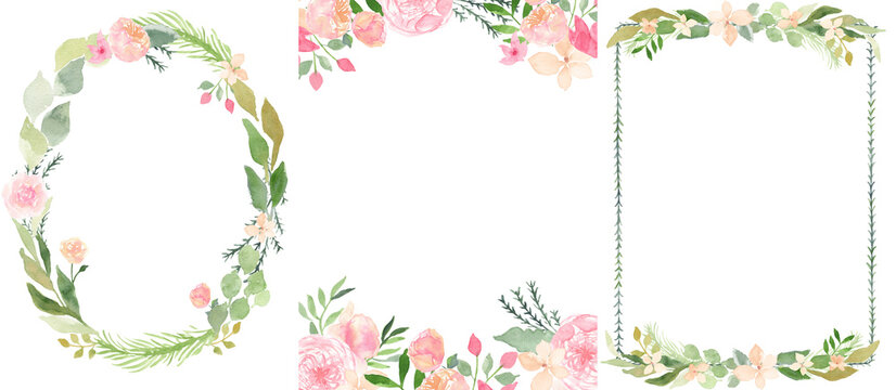 Watercolor flower wreath invitation frame template
