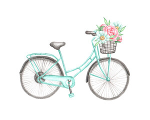 Fototapeta na wymiar Watercolor illustration, postcard, print. Bicycle with a basket and flowers: peonies and daisies. Birch bike, bright flowers. Spring and summer print. For printing and electronic media.