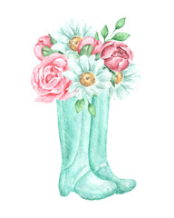 Watercolor illustration in provence style. Rubber boots. Bouquet of flowers. Daisies and peonies. Illustration is isolated. For printing on postcards, stickers, notepads, textiles, stationery.