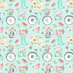 Summer vacation watercolor seamless pattern. Flowers. Camera. Straw hat. Bicycle with a basket. Rubber boots. Watermelon. Watering can. For printing on fabric, wrapping paper, notebooks, postcards.