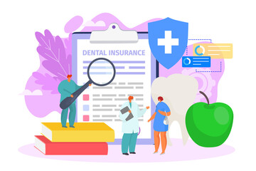 Dental insurance, medical document for people health care, vector illustration. Medicine protection service, doctor character near policy form.
