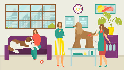 Pet dog grooming, vector illustration. Care about cartoon cute domestic animal in salon, woman groomer character cut dog's hair with scissors