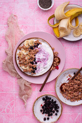 Granola on pink tile background