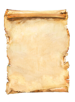 Old paper scroll. Watercolor vintage parchment page isolated on white background.