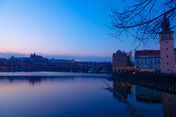View over Vltava river or Moldau in Prague towards Prague castle and cathedral.