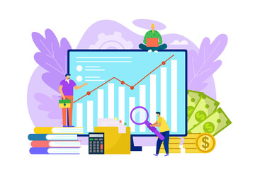 Financial audit at computer, vector illustration. Business finance data concept, people worker character make analysis and flat report.