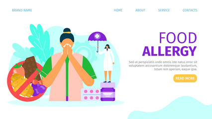 Food allergy, landing page, vector illustration. Woman character with health problem, insurance from doctor template page. Organic product allergy