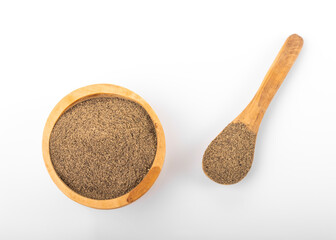 Black pepper. Black pepper in wooden bowl, on white background. Black pepper powder.