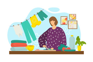 Housewife cok meal dinner at home, vector illustration. Cooking healthy lunch woman at cartoon kitchen, food preparation. Female person characetr