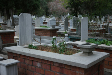 Graves and headstones at Muslim cemetery. Turkey, Europe.