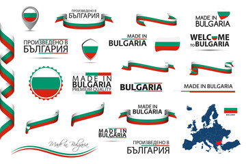Naklejka premium Big vector set of Bulgarian ribbons, symbols, icons and flags isolated on a white background. Made in Bulgaria, premium quality, Bulgarian national tricolor. Set for your infographics and templates