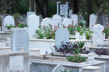 Gravestones and graves at Muslim cemetery. Graves background.