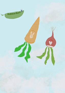 Animal aircrafts- rabbit and spaceship carrot, mouse in spaceship radish, ant in spaceship pea pod