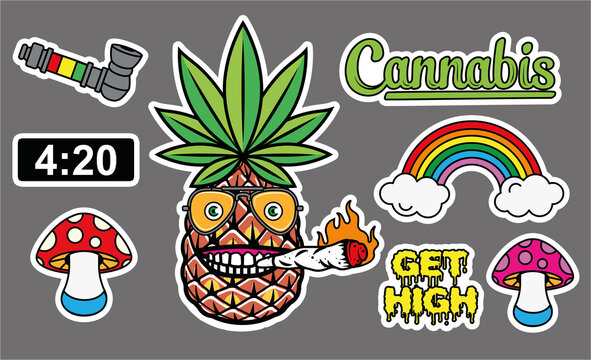 Marijuana Sticker set. Sticker skate. Vector illustration Contour Cut.